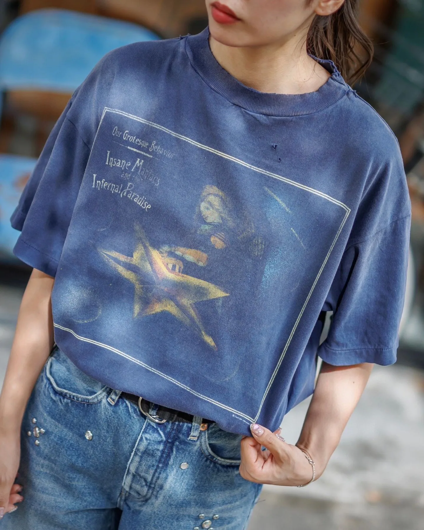 CACTUS PLANT FLEA MARKET x SAINT Mxxxxxx STAR SS TEE/NAVY New CPFM star smiley holed distressed short sleeves Washed blue S-XL Genuine consistent tube weaving without side seams High weight OE yarn fabric Assute dyeing Multiple horse fades Heavy wash water Worn holes Customized joint main mark/wash mark/little angel anti-counterfeiting label